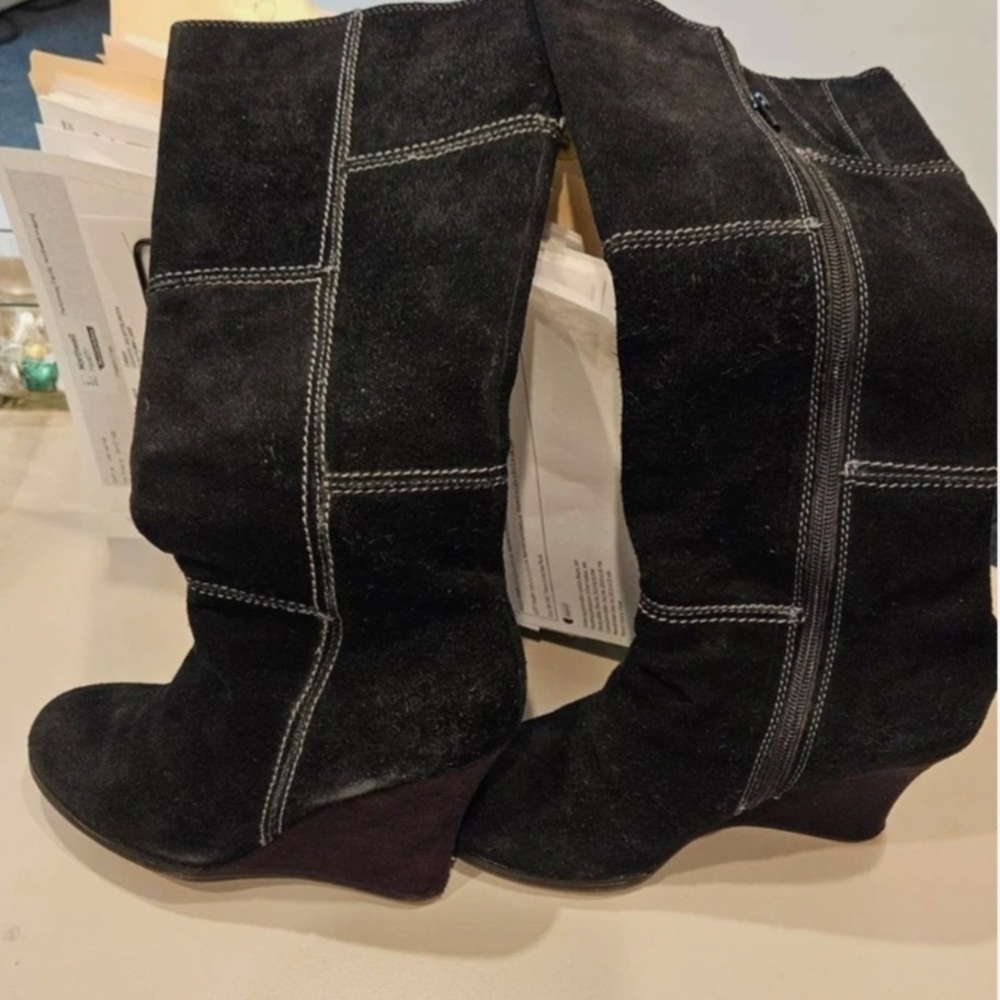 Dr Sholls Black Suede Patchwork Wedge Boots - Picture 5 of 11